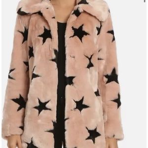 Avec Les Filles faux fur coat Pink with Black Stars Size Medium New with tags